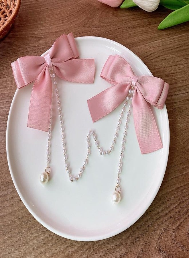TUCEWP Satin Bow Hair Clips Pearl Tassel Chain Hair Bows Barrettes Pink Bow Claw Clip Hairpins Sweet Bowknot Snap Hair Clip Small Cute Alligator Hair Clips Hair Accessories for Women Girls Toddlers - Image 1